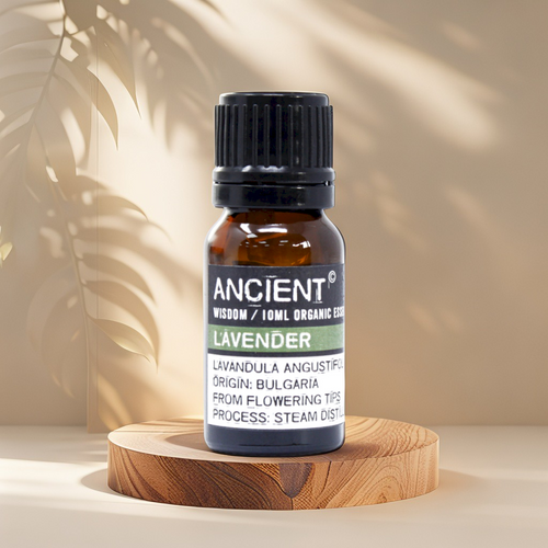 Flacon d'huile essentielle de lavande bio Ancient Wisdom sur fond blanc